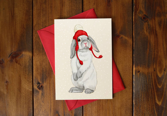 Greeting card "Bunny With a Red Winter Hat"