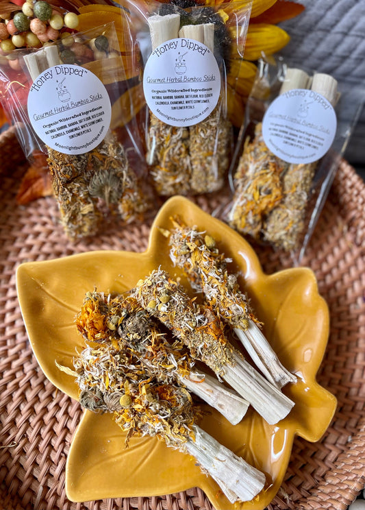 Honey Dipped Bamboo Chews ~ Gourmet Herbal Forage Dipped Chew, Rabbit, Chinchilla, Hamster & Guinea Pig Enrichment, Healthy Small Pet Treats