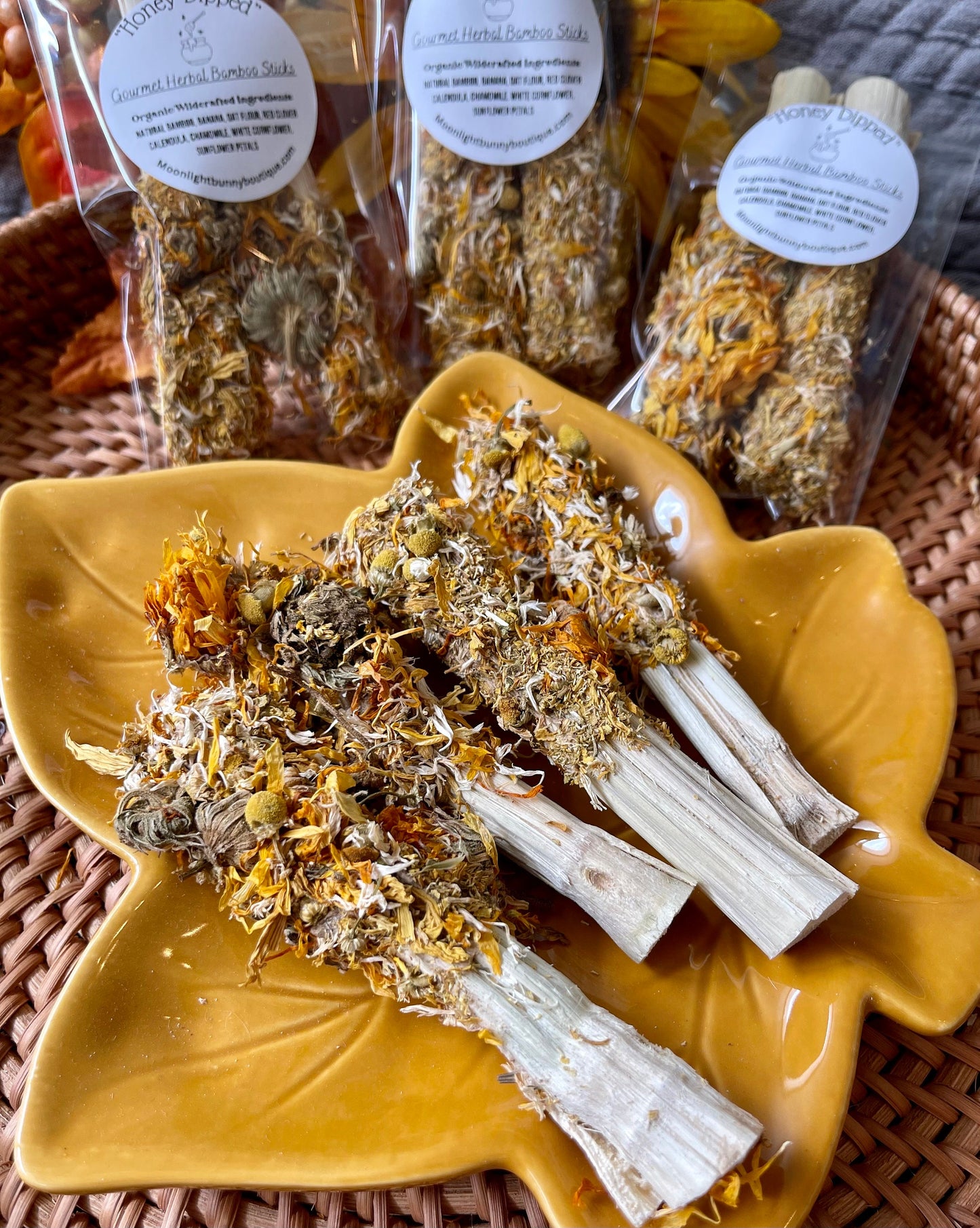 Honey Dipped Bamboo Chews ~ Gourmet Herbal Forage Dipped Chew, Rabbit, Chinchilla, Hamster & Guinea Pig Enrichment, Healthy Small Pet Treats