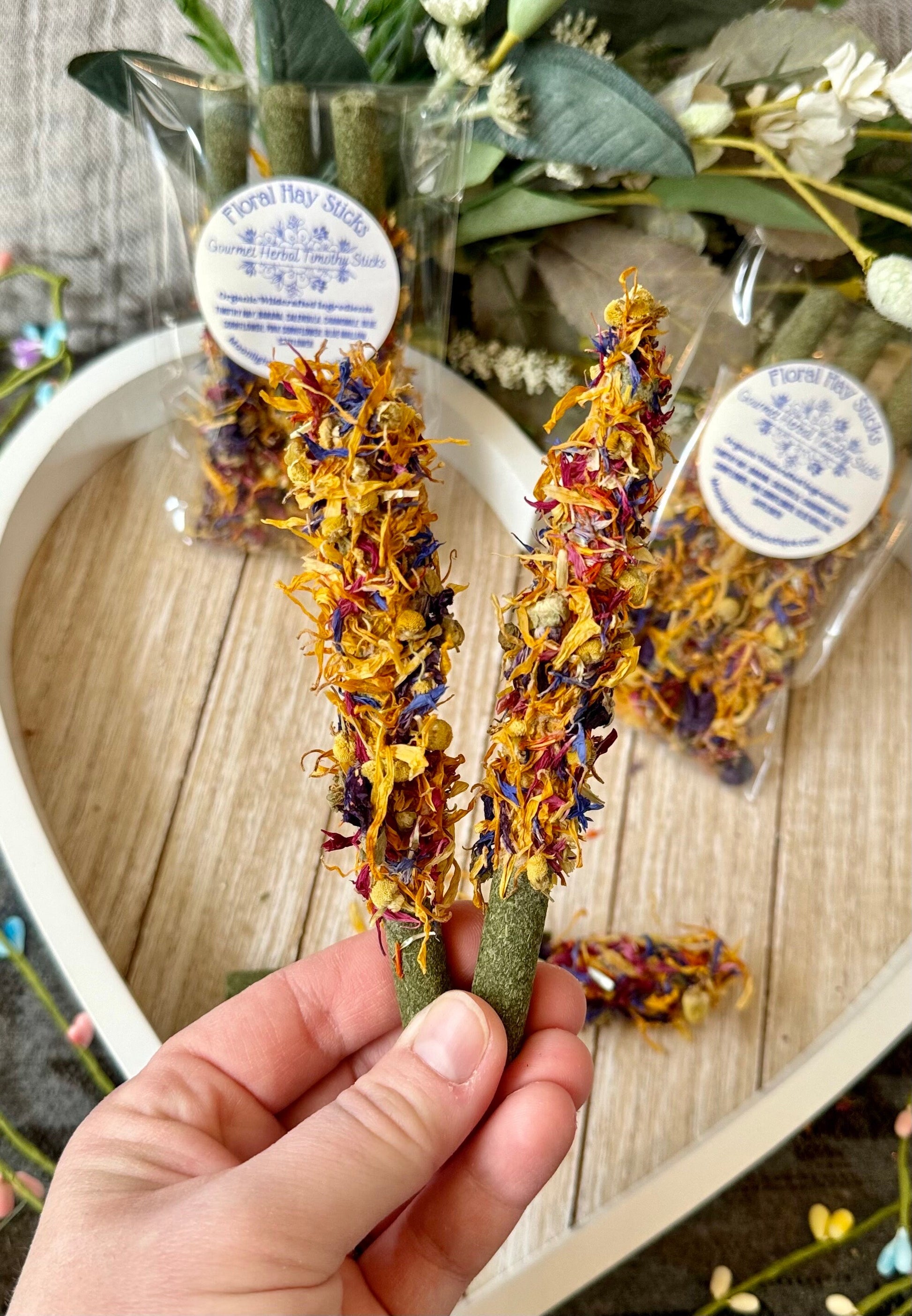 Floral Hay Sticks | Gourmet Herbal Dipped Timothy Chew, Rabbit, Chinchilla, Hamster & Guinea Pig Enrichment, Healthy Natural Small Pet Treat