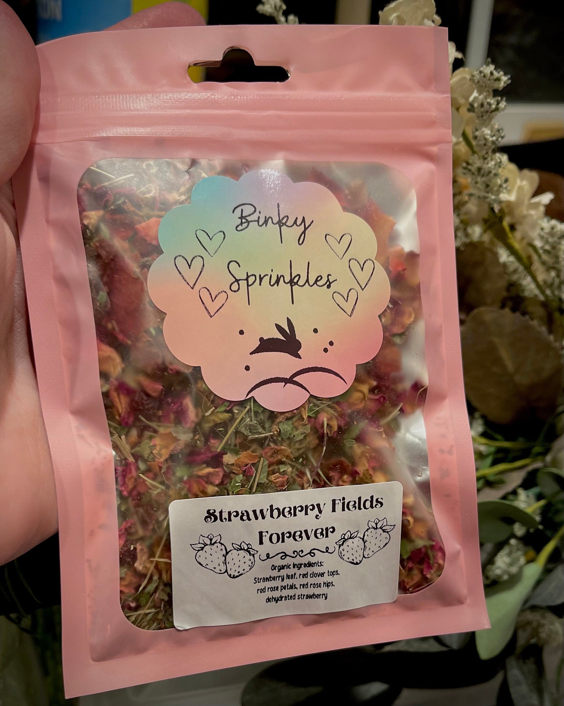 Binky Sprinkles Forage Blend~Strawberry Fields~ Healthy Treat, Perfect Hay/Greens/Pellet Topper for Rabbit, Hamster, Guinea Pig, Chinchillas