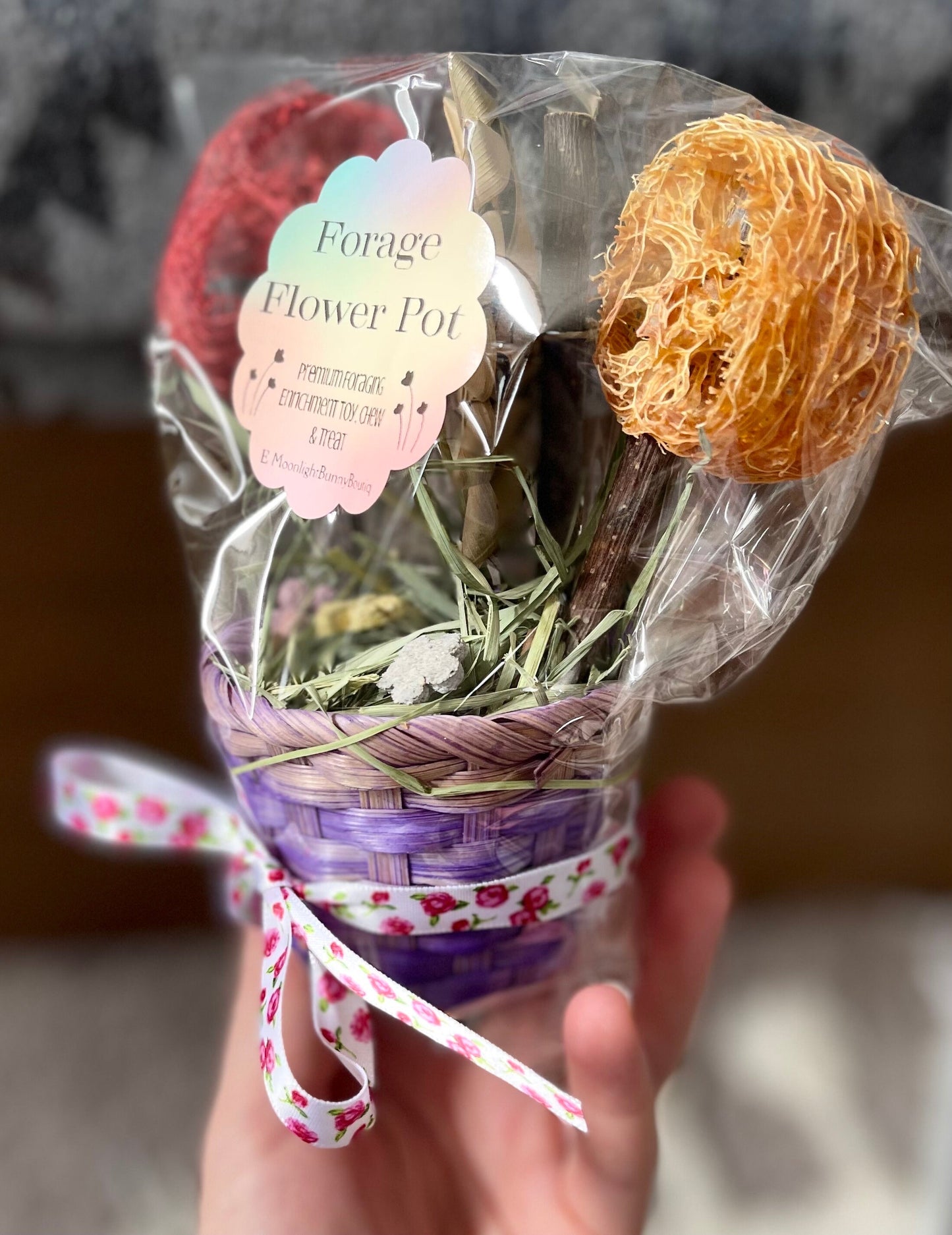 Forage Flower Pot ~ Cute Bunny Rabbit, Guinea Pig, Chinchilla, Hamster & Mouse Foraging Toy, enrichment, Mini Basket Full of Chews/Treats