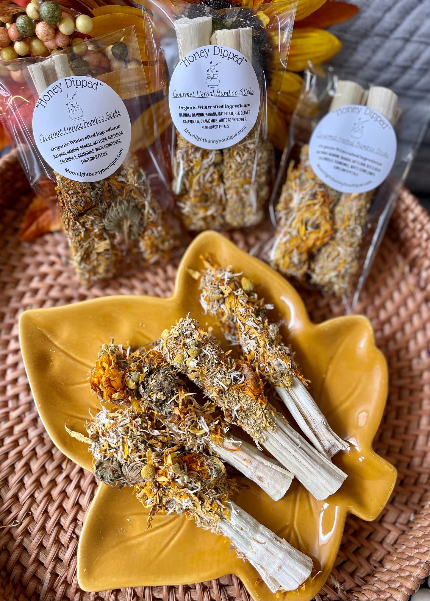 Honey Dipped Bamboo Chews ~ Gourmet Herbal Forage Dipped Chew, Rabbit, Chinchilla, Hamster & Guinea Pig Enrichment, Healthy Small Pet Treats