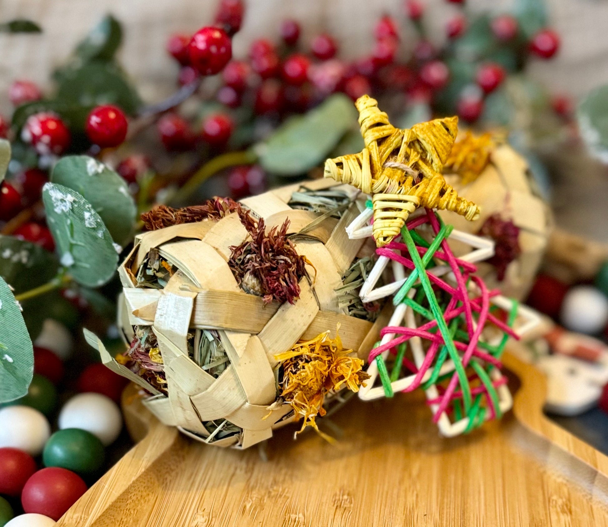 Holiday Yule Log Forager ~ Natural & Fruit Infused Chew Toys, Foraging Toy, Rabbit, Guinea Pig, + small animal enrichment ~boredom busters